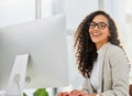 Computer, smile and portrait of insurance agent or business woman in corporate company with success and startup growth Royalty Free Stock Photo