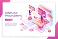 Computer software programming, coding, front end development, modern 3d isometric vector website landing page template Royalty Free Stock Photo