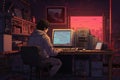 A hacker sits and works at a computer. A computer specialist creates software. A programmer writes codes in front of a computer Royalty Free Stock Photo