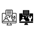 Computer with symbol repair service on screen line and glyph icon. Tech support on monitor vector illustration isolated