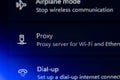 Computer system settings menu displaying proxy server configuration options for Wi-Fi and Ethernet, network security and Royalty Free Stock Photo