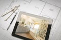 Computer Tablet with Master Bathroom Design Over House Plans Royalty Free Stock Photo