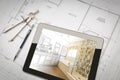 Computer Tablet with Master Bathroom Design Over House Plans Royalty Free Stock Photo