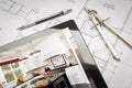 Computer Tablet Showing Kitchen Illustration On House Plans, Pencil, Compass Royalty Free Stock Photo