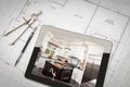 Computer Tablet Showing Kitchen Illustration On House Plans, Pencil, Compass Royalty Free Stock Photo