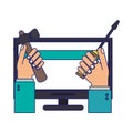 Computer techinical support hands with tools blue lines Royalty Free Stock Photo