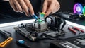 Computer technician applying thermal paste on CPU processor during motherboard repair and maintenance with precision tools on dark Royalty Free Stock Photo