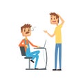 Computer technician helping office worker, engineer system IT administrator at work cartoon vector illustration Royalty Free Stock Photo