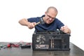 Computer Technician repairing computer system isolated on white Royalty Free Stock Photo