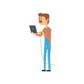 Computer technician or system administrator standing with laptop, networking service cartoon vector illustration Royalty Free Stock Photo