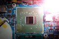 Computer Technology: Close up of a computer chip on a circuit board. Light effect Royalty Free Stock Photo