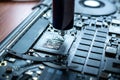 Computer technology. Electronic hardware repair, pc service and maintenance from technician engineer man. Digital chip Royalty Free Stock Photo