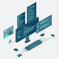 Computer technology isometric illustration. Desktop computer platforms. Software programming coding concept. Code with computer Royalty Free Stock Photo