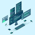 Computer technology isometric illustration. Desktop computer platforms. Software programming coding concept. Code with computer Royalty Free Stock Photo