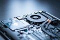 Computer Technology, overclocking: Close up of a cooling fan on a circuit board Royalty Free Stock Photo