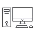 Computer thin line icon, desktop and monitor, pc sign, vector graphics, a linear pattern on a white background.