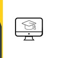Computer and university hat, web design, vector line icons. back to school Royalty Free Stock Photo