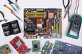 Computer upgrade. Motherboard and tools flat lay Royalty Free Stock Photo