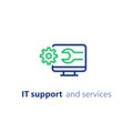 Computer upgrade, system update, software installation, repair services, IT support line icon