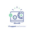 Computer upgrade, system update, software installation, repair services, IT support line icon