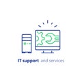 Computer upgrade, system update, software installation, repair services, IT support line icon