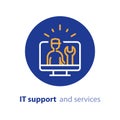 Computer upgrade, system update, software installation, repair services, IT support line icon