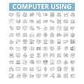 Computer using icons, line symbols, web signs, vector set, isolated illustration Royalty Free Stock Photo