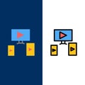 Computer, Video, Design  Icons. Flat and Line Filled Icon Set Vector Blue Background Royalty Free Stock Photo