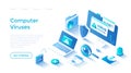 Computer Viruses. Errors detected, alert messages, bugs, open lock, infected files, broken shield. Monitor and laptop