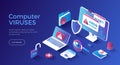 Computer Viruses. Errors detected, alert messages, bugs, open lock, infected files, broken shield.