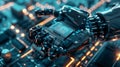 Computer vision microchip digitizes and sends data power lines with a futuristic animation concept. Robot arm holding a