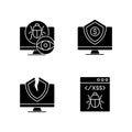 Computer vulnerability exploitation black glyph icons set on white space