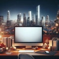 Computer white display on table in office with night view of the city skyscrapers on Christmas day Royalty Free Stock Photo