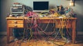 Computer Wires Create a Tangled Mess on Desk Illustrating Technology Frustration and Challenge During Work Hours Royalty Free Stock Photo