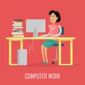 Computer Work Concept Illustration In Flat Design. Royalty Free Stock Photo