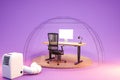 computer workplace under transparent glass dome with air conditioner on endless background particulate matter health work concept