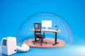 computer workplace under transparent glass dome with air conditioner on endless blue background particulate matter health work