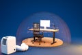 computer workplace under transparent glass dome with air conditioner on endless blue darkblue background particulate matter