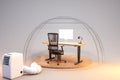 computer workplace under transparent glass dome with air conditioner on endless blue grey background particulate matter health