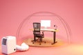 computer workplace under transparent glass dome with air conditioner on endless red background particulate matter health work