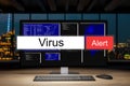 Computer workstation in dark night office with skyline view warning virus alert, 3D Illustration