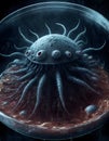 Computergenerated image of an electric blue jellyfish in a petri dish