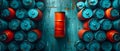 Computergenerated image of orange gas cylinder surrounded by blue cylinders. Concept 3D Rendering,