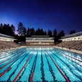 A computergenerated scene depicting a vibrant high school swimming meet at night. Concept Computer-generated scene, High school