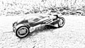 Black and white drawing representing a custom race car