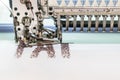 Computerized embroidery machines. sewing machine on blurred background. textile workshop. closeup