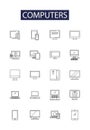 Computers line vector icons and signs. Software, Networking, CPU, Monitor, Keyboard, Mouse, Printer, Storage outline