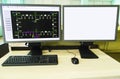 Computers and monitors with schematic diagram for supervisory, control and data acquisition Royalty Free Stock Photo