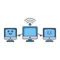 Computers wirelessly connected form a seamless digital network, sharing data through Royalty Free Stock Photo