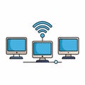 Computers wirelessly connected form a seamless digital network, sharing data Royalty Free Stock Photo